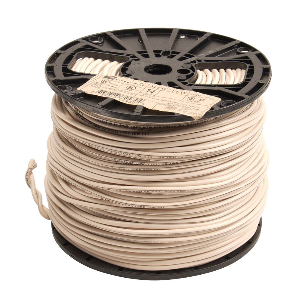 Atlas Wire MTW hook-up wire, single conductor, 14 AWG, 41-stranded, bare copper, PVC conductor insulation material, white, 600V, 500ft spool.-MTW14WH