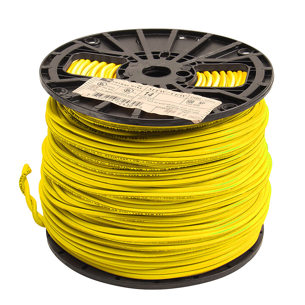 Atlas Wire MTW hook-up wire, single conductor, 14 AWG, 41-stranded, bare copper, PVC conductor insulation material, yellow, 600V, 500ft spool.-MTW14YL
