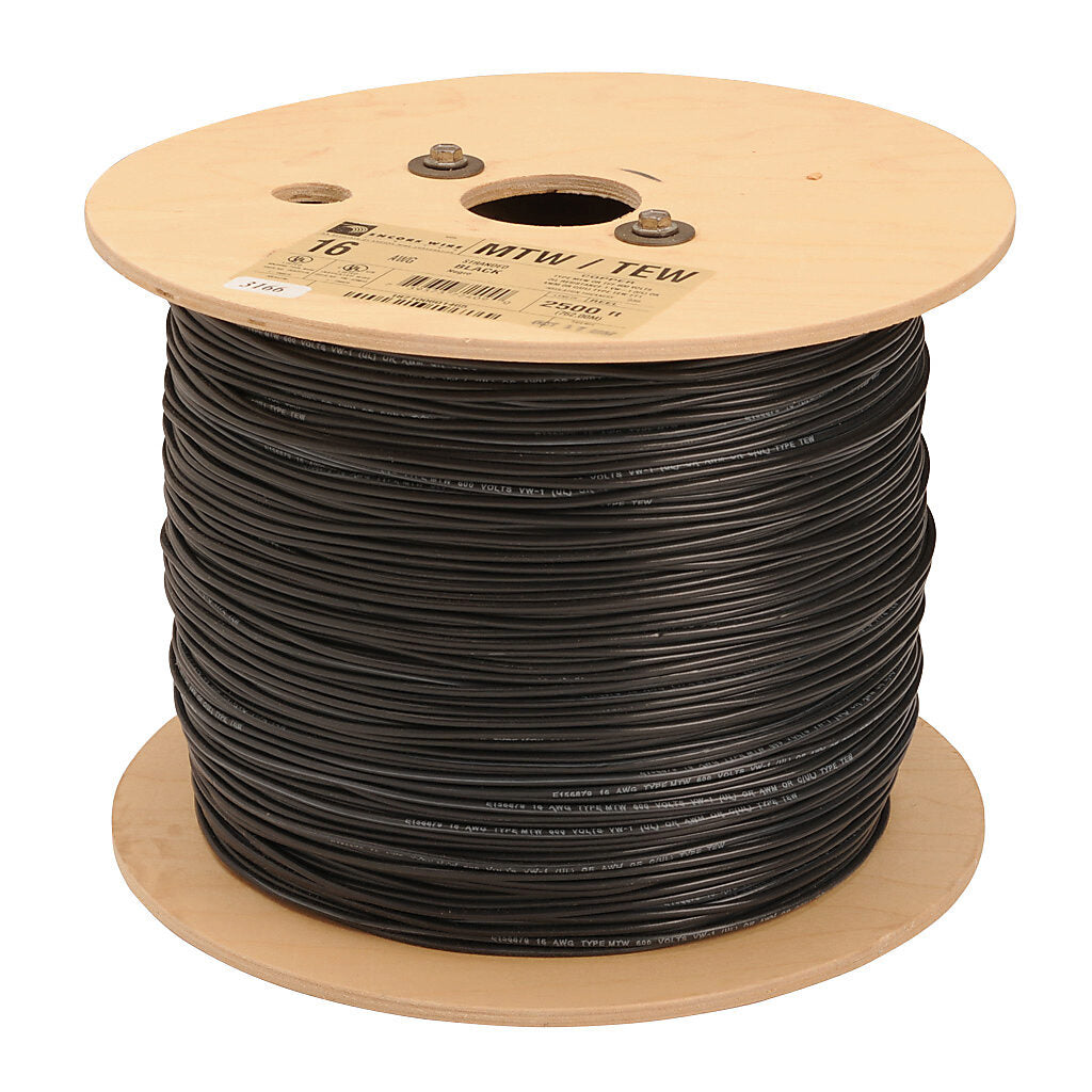 Atlas Wire MTW hook-up wire, single conductor, 16 AWG, 26-stranded, bare copper, PVC conductor insulation material, black, 600V, 2500ft reel.-MTW16BK25