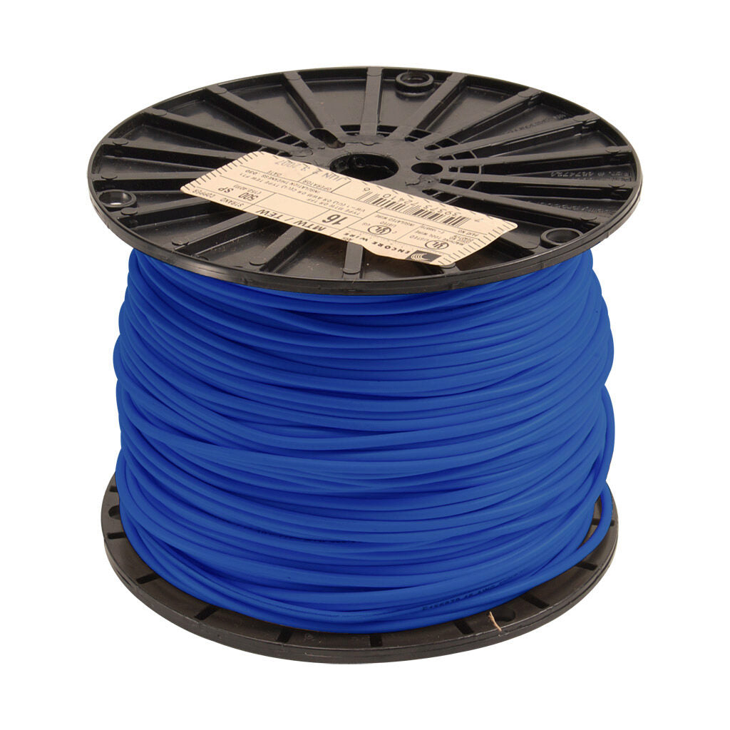 Atlas Wire MTW hook-up wire, single conductor, 16 AWG, 26-stranded, bare copper, PVC conductor insulation material, blue, 600V, 500ft spool.-MTW16BL