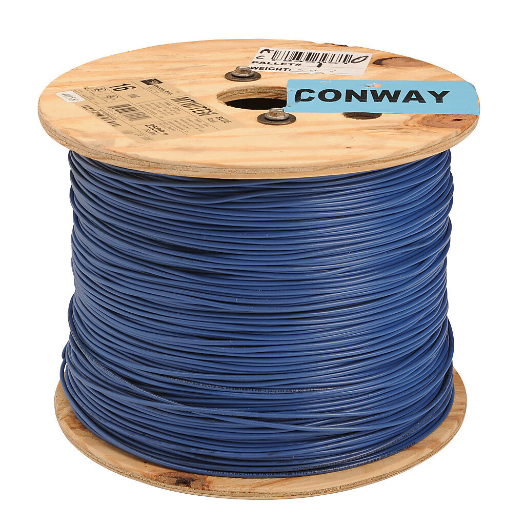 Atlas Wire MTW hook-up wire, single conductor, 16 AWG, 26-stranded, bare copper, PVC conductor insulation material, blue, 600V, 2500ft reel.-MTW16BL25