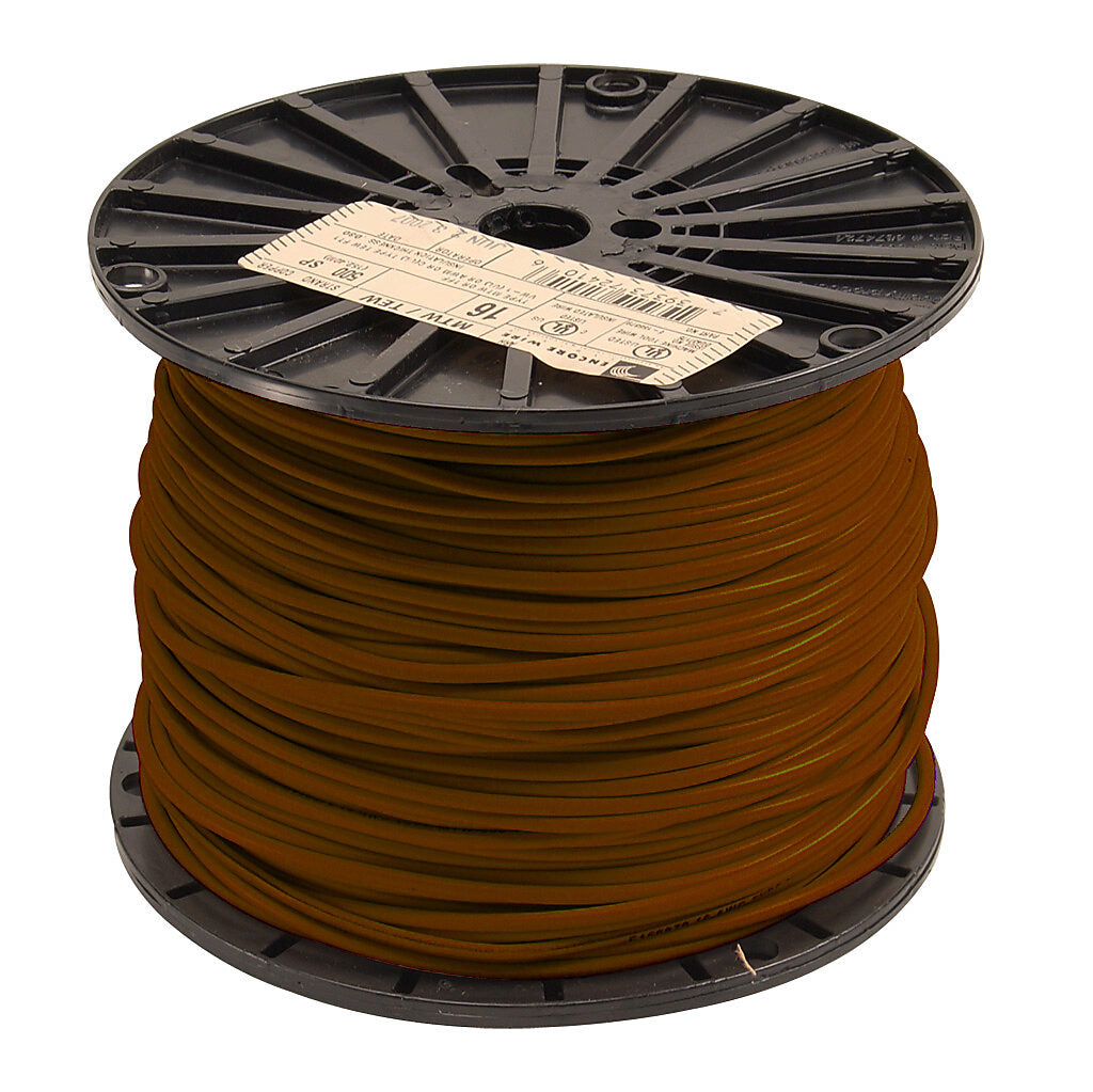Atlas Wire MTW hook-up wire, single conductor, 16 AWG, 26-stranded, bare copper, PVC conductor insulation material, brown, 600V, 500ft spool.-MTW16BN