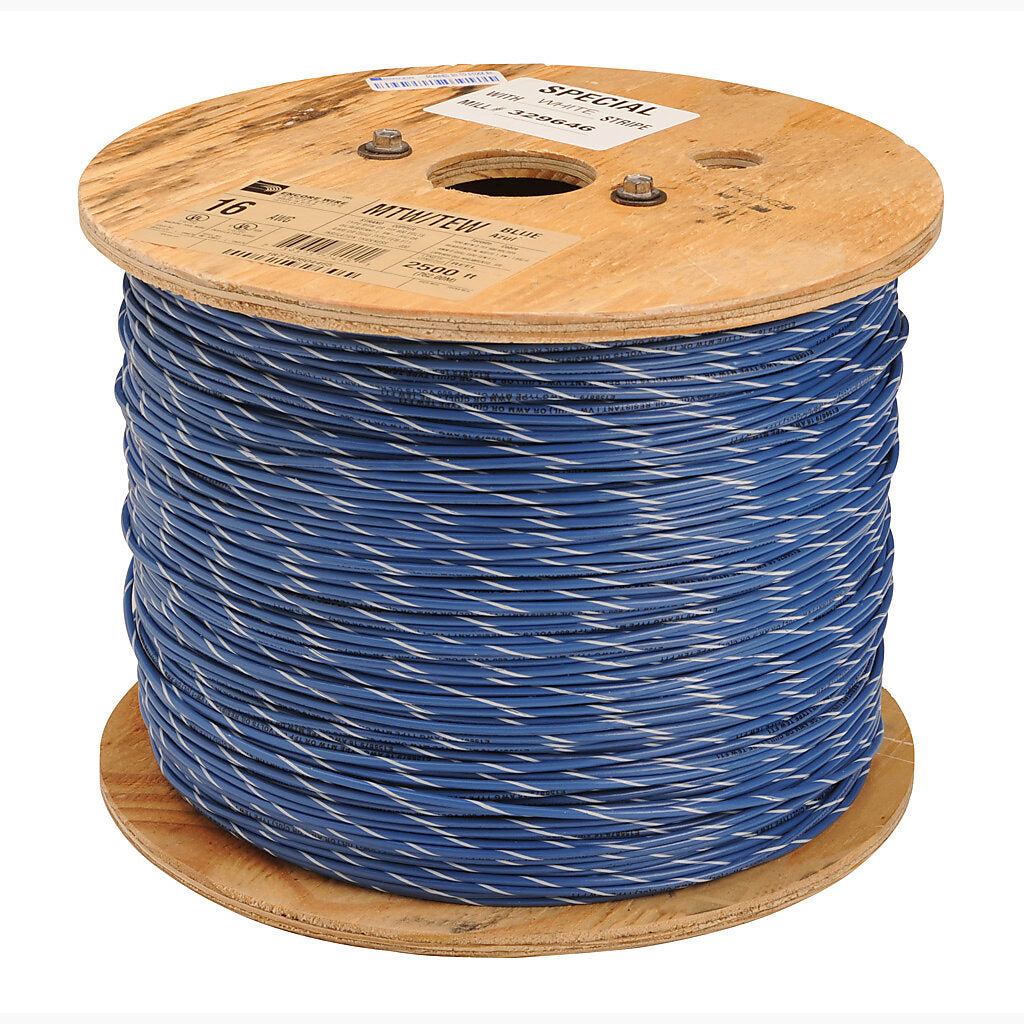 Atlas Wire MTW hook-up wire, single conductor, 16 AWG, 26-stranded, bare copper, PVC conductor insulation material, blue with white stripe, 600V, 2500ft reel.-MTW16BW25