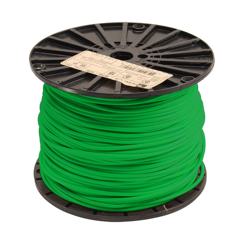 Atlas Wire MTW hook-up wire, single conductor, 16 AWG, 26-stranded, bare copper, PVC conductor insulation material, green, 600V, 500ft spool.-MTW16GN
