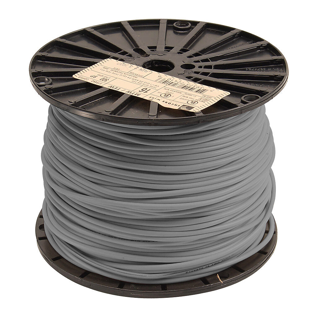 Atlas Wire MTW hook-up wire, single conductor, 16 AWG, 26-stranded, bare copper, PVC conductor insulation material, gray, 600V, 500ft spool.-MTW16GY