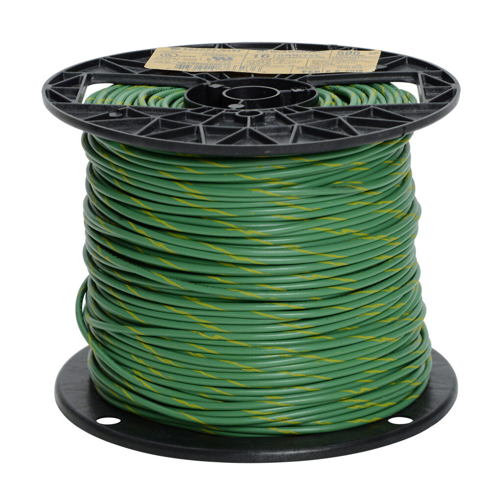 Atlas Wire MTW hook-up wire, single conductor, 16 AWG, 26-stranded, bare copper, PVC conductor insulation material, green with yellow stripe, 600V, 500ft spool.-MTW16GYL