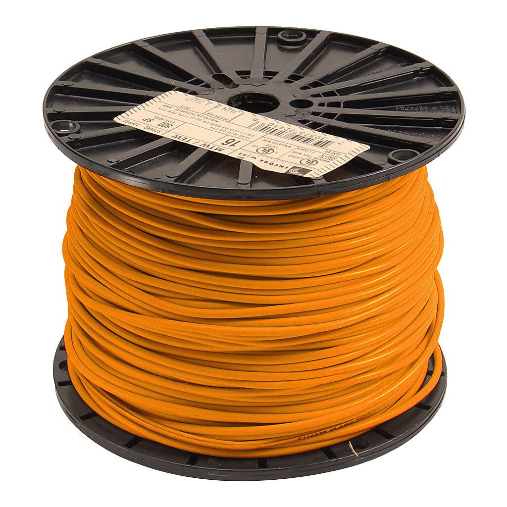 Atlas Wire MTW hook-up wire, single conductor, 16 AWG, 26-stranded, bare copper, PVC conductor insulation material, orange, 600V, 500ft spool.-MTW16OR