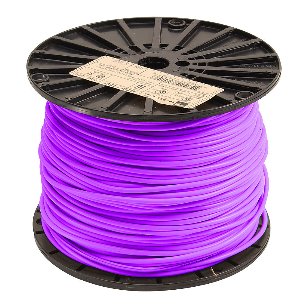 Atlas Wire MTW hook-up wire, single conductor, 16 AWG, 26-stranded, bare copper, PVC conductor insulation material, purple, 600V, 500ft spool.-MTW16PL