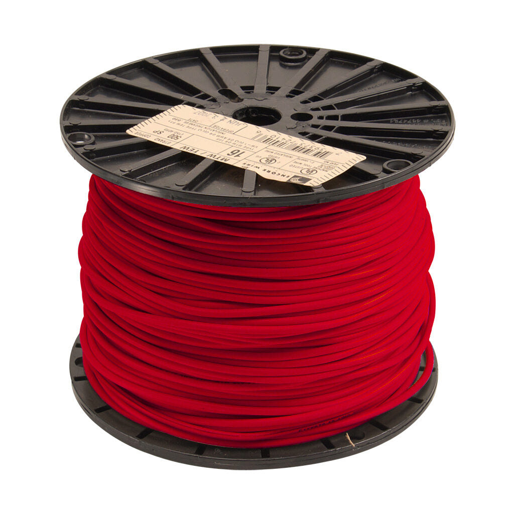 Atlas Wire MTW hook-up wire, single conductor, 16 AWG, 26-stranded, bare copper, PVC conductor insulation material, red, 600V, 500ft spool.-MTW16RD