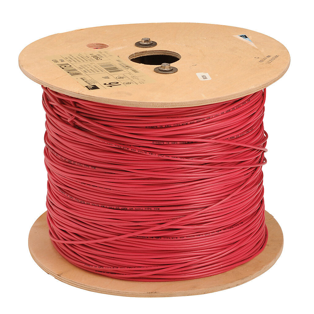 Atlas Wire MTW hook-up wire, single conductor, 16 AWG, 26-stranded, bare copper, PVC conductor insulation material, red, 600V, 2500ft reel.-MTW16RD25