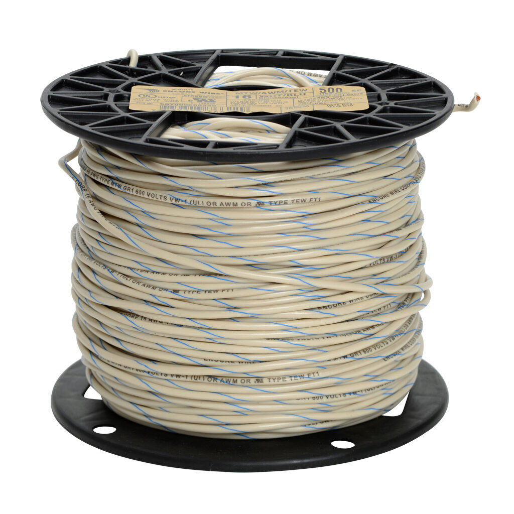 Atlas Wire MTW hook-up wire, single conductor, 16 AWG, 26-stranded, bare copper, PVC conductor insulation material, white with blue stripe, 600V, 500ft spool.-MTW16WB