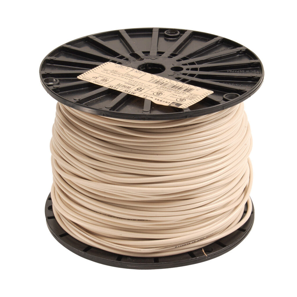 Atlas Wire MTW hook-up wire, single conductor, 16 AWG, 26-stranded, bare copper, PVC conductor insulation material, white, 600V, 1000ft spool.-MTW16WH10