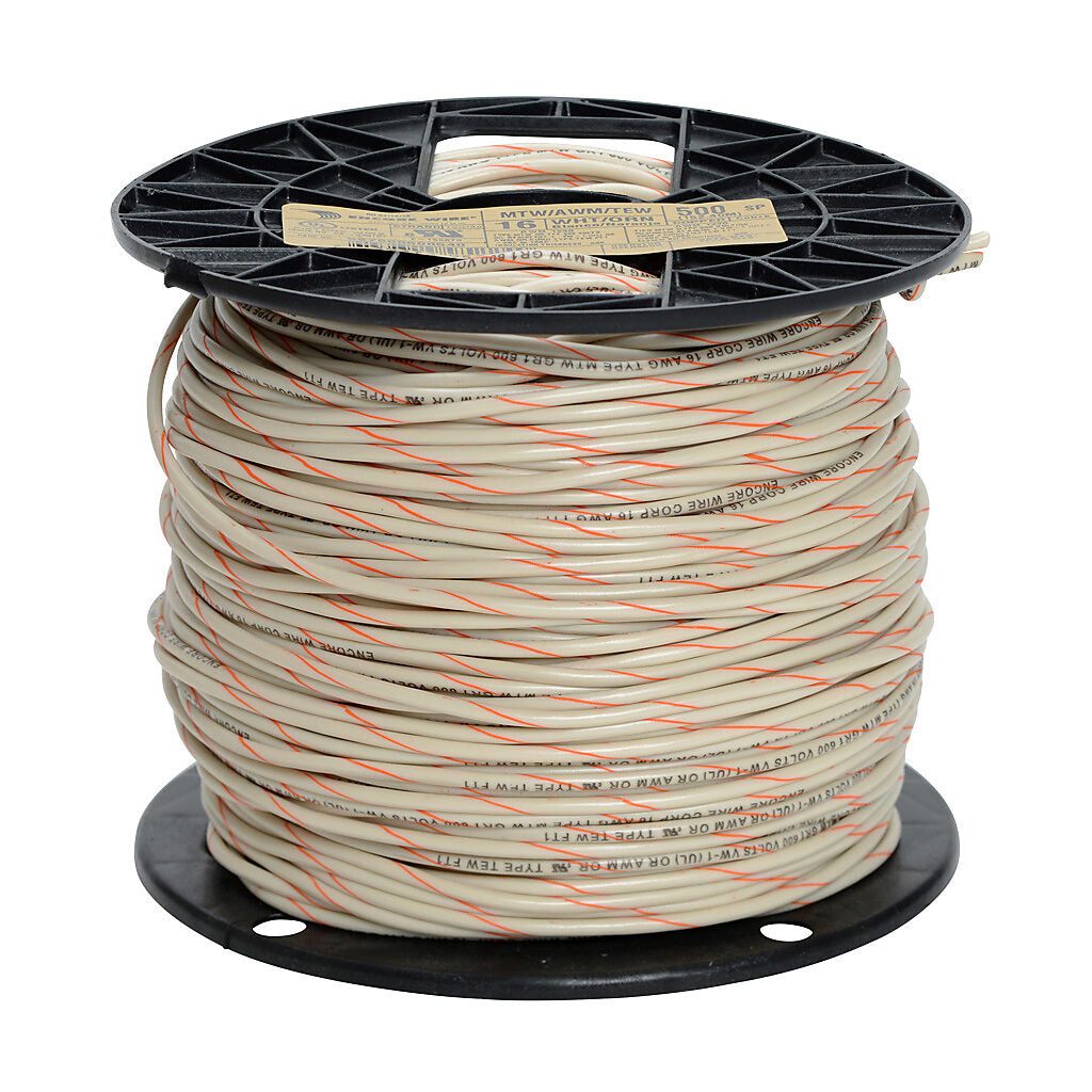Atlas Wire MTW hook-up wire, single conductor, 16 AWG, 26-stranded, bare copper, PVC conductor insulation material, white with orange stripe, 600V, 500ft spool.-MTW16WO
