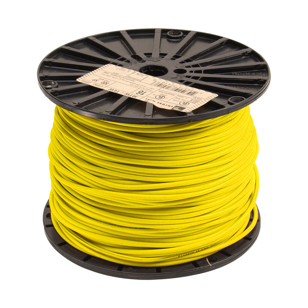 Atlas Wire MTW hook-up wire, single conductor, 16 AWG, 26-stranded, bare copper, PVC conductor insulation material, yellow, 600V, 500ft spool.-MTW16YL