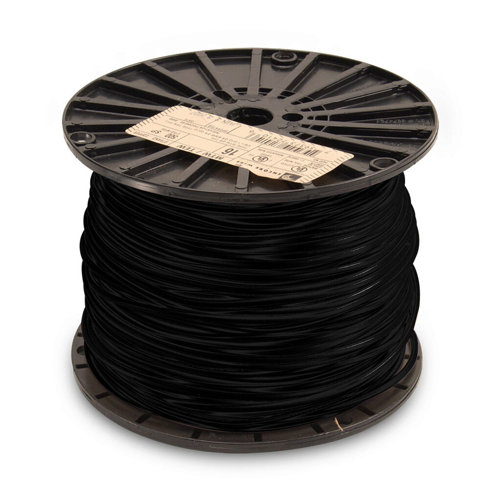 Atlas Wire MTW hook-up wire, single conductor, 18 AWG, 16-stranded, bare copper, PVC conductor insulation material, black, 600V, 500ft spool.-MTW18BK