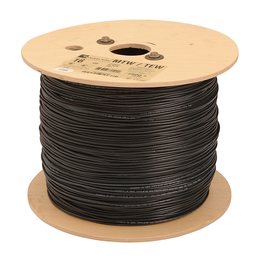 Atlas Wire MTW hook-up wire, single conductor, 18 AWG, 16-stranded, bare copper, PVC conductor insulation material, black, 600V, 2500ft reel.-MTW18BK25