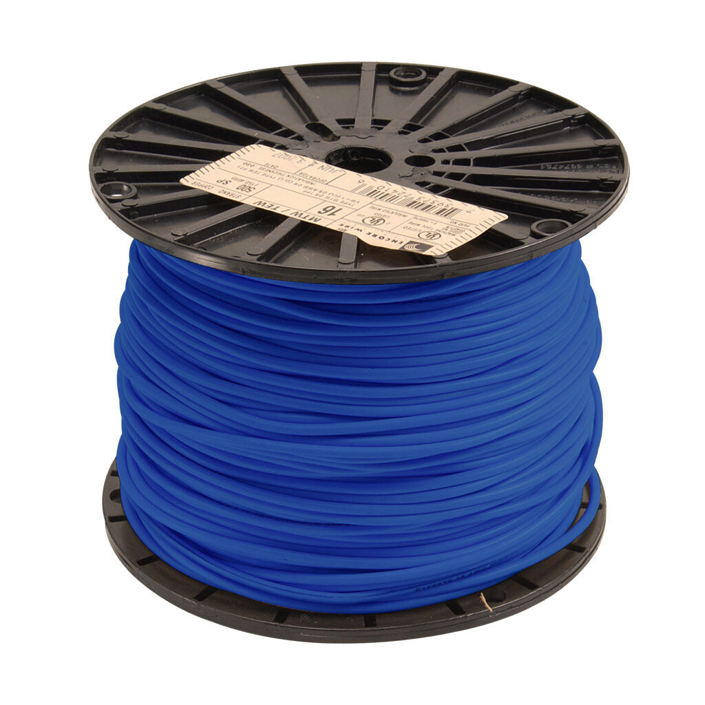 Atlas Wire MTW hook-up wire, single conductor, 18 AWG, 16-stranded, bare copper, PVC conductor insulation material, blue, 600V, 500ft spool.-MTW18BL