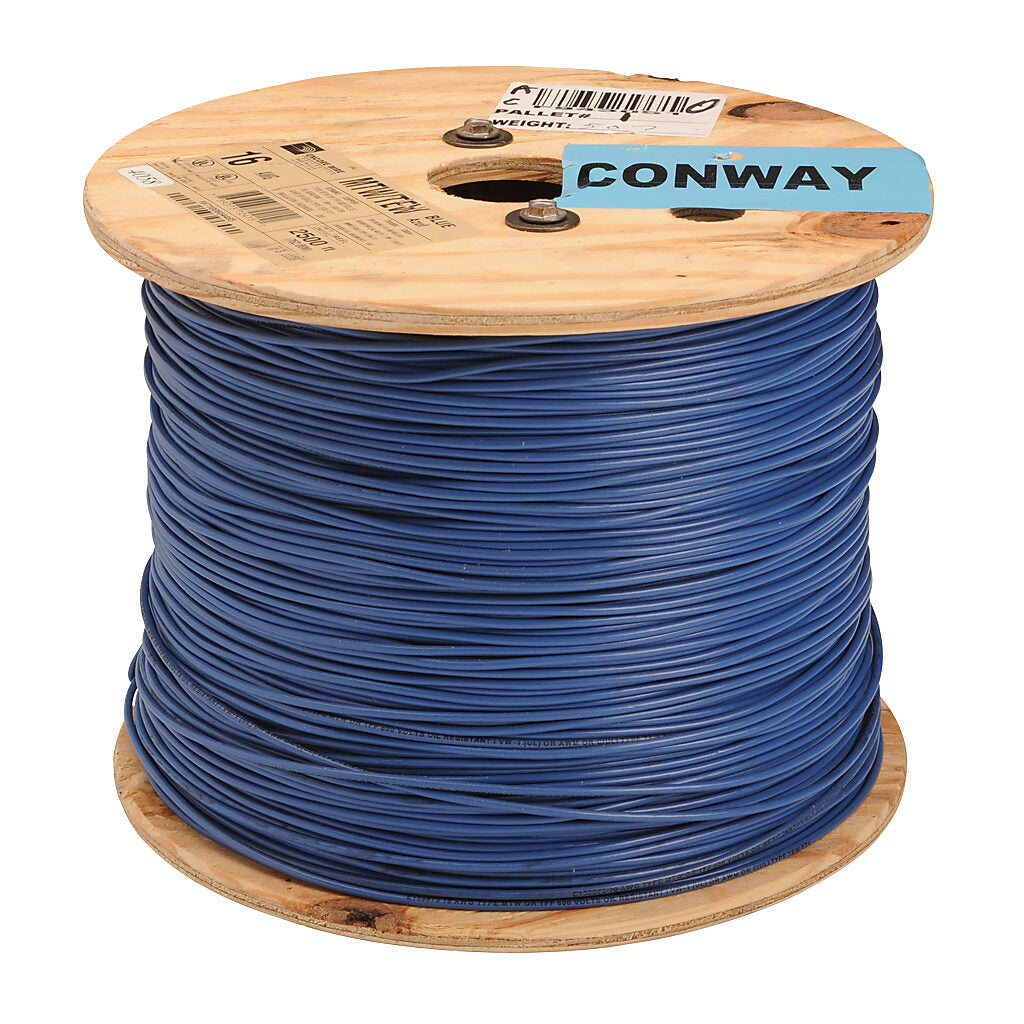 Atlas Wire MTW hook-up wire, single conductor, 18 AWG, 16-stranded, bare copper, PVC conductor insulation material, blue, 600V, 2500ft reel.-MTW18BL25