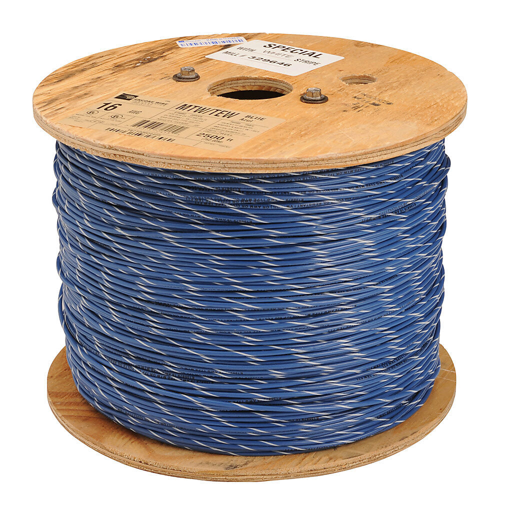 Atlas Wire MTW hook-up wire, single conductor, 18 AWG, 16-stranded, bare copper, PVC conductor insulation material, blue with white stripe, 600V, 2500ft reel.-MTW18BW25