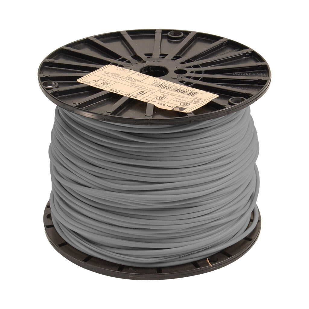 Atlas Wire MTW hook-up wire, single conductor, 18 AWG, 16-stranded, bare copper, PVC conductor insulation material, gray, 600V, 1000ft spool.-MTW18GY10