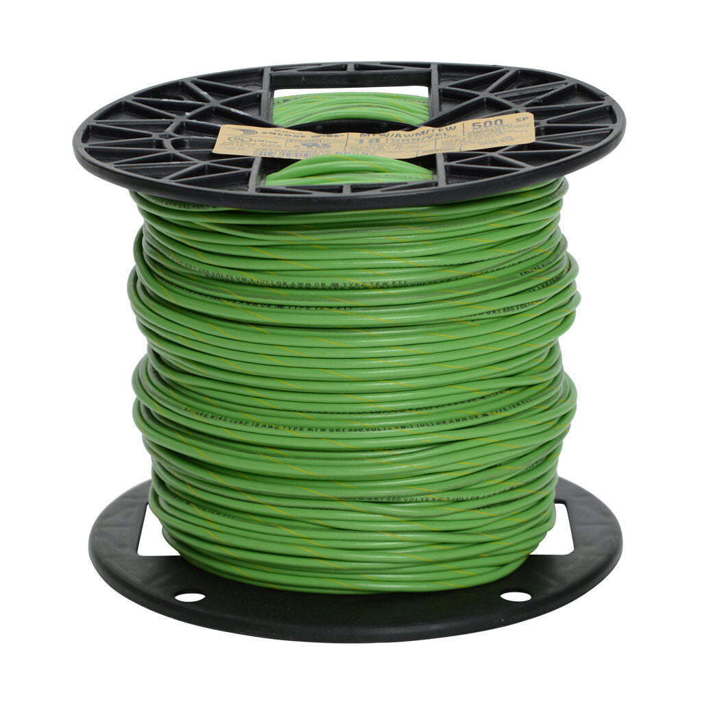 Atlas Wire MTW hook-up wire, single conductor, 18 AWG, 16-stranded, bare copper, PVC conductor insulation material, green with yellow stripe, 600V, 1000ft spool.-MTW18GYL10