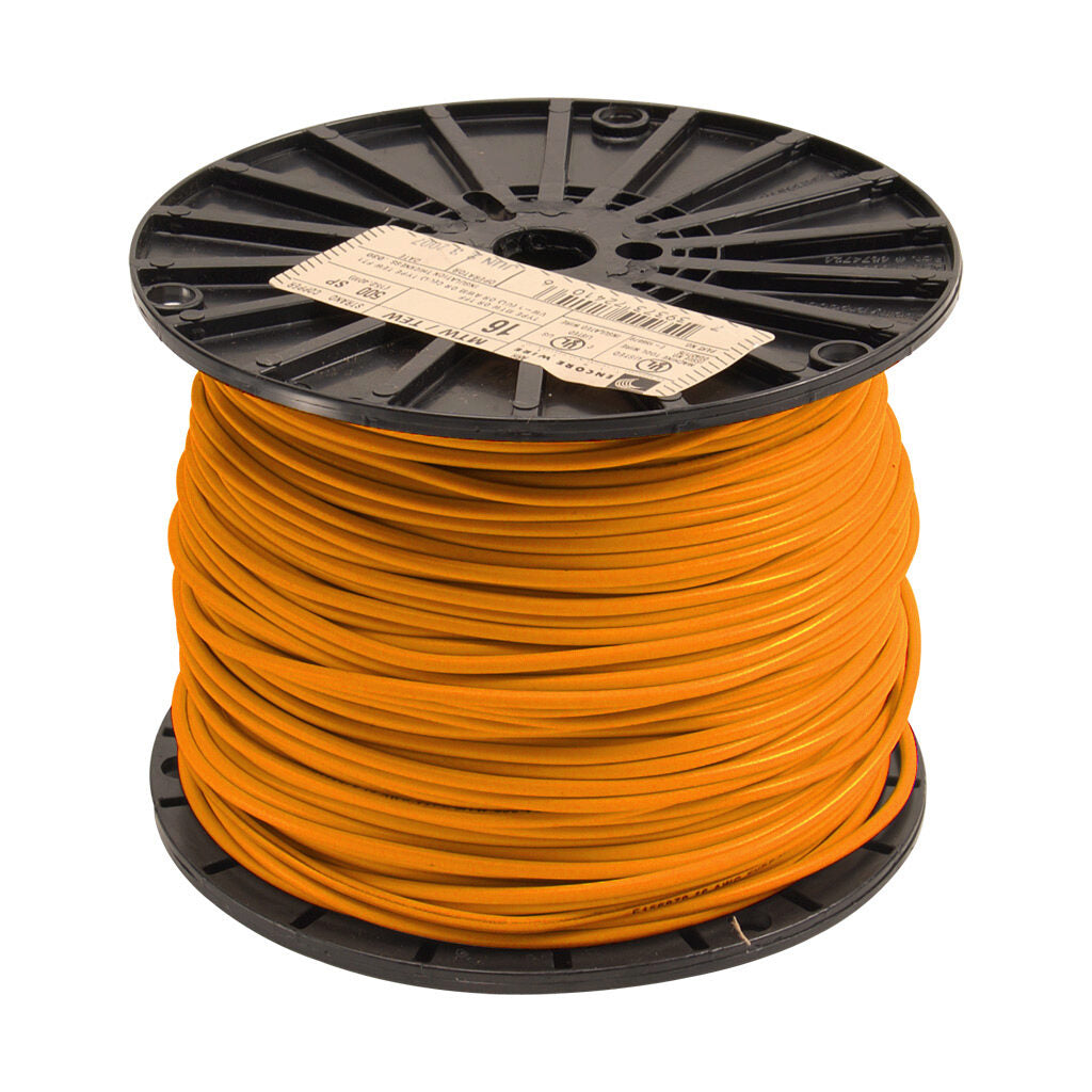 Atlas Wire MTW hook-up wire, single conductor, 18 AWG, 16-stranded, bare copper, PVC conductor insulation material, orange, 600V, 1000ft spool.-MTW18OR10