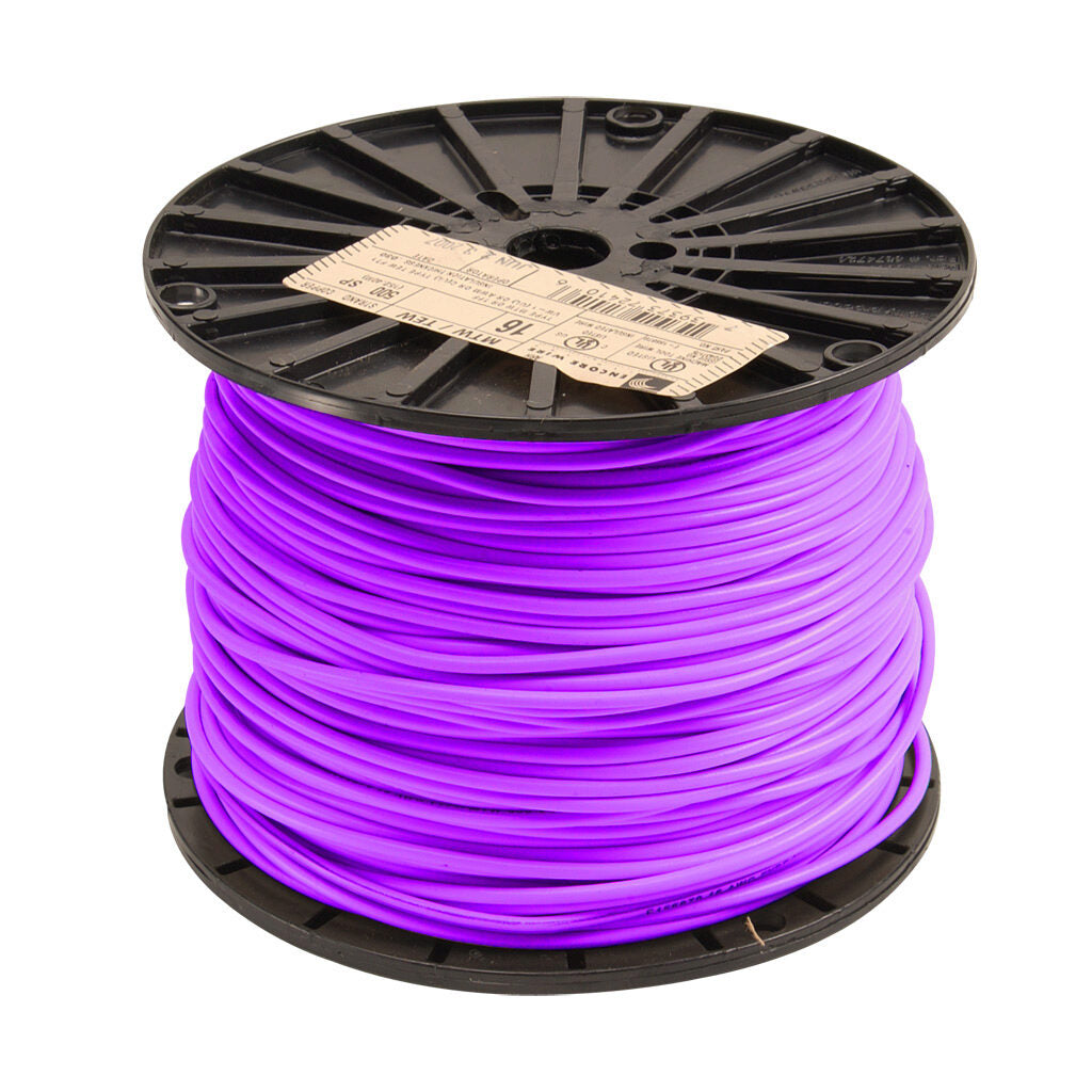 Atlas Wire MTW hook-up wire, single conductor, 18 AWG, 16-stranded, bare copper, PVC conductor insulation material, purple, 600V, 1000ft spool.-MTW18PL10