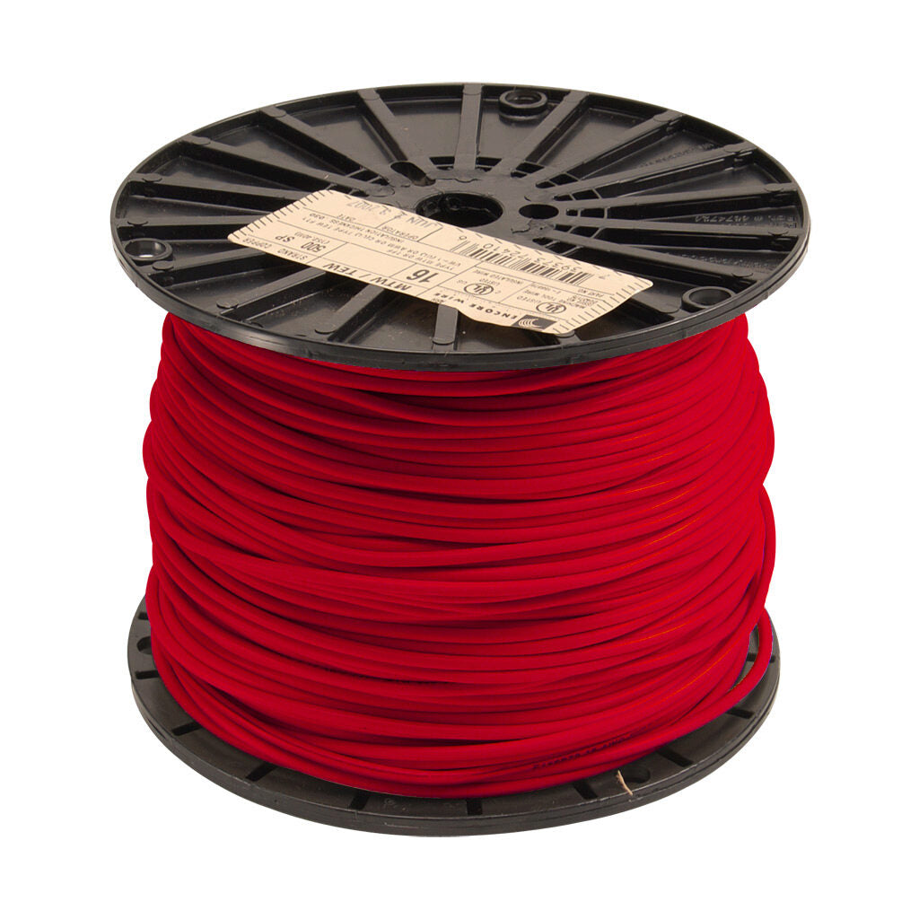 Atlas Wire MTW hook-up wire, single conductor, 18 AWG, 16-stranded, bare copper, PVC conductor insulation material, red, 600V, 500ft spool.-MTW18RD