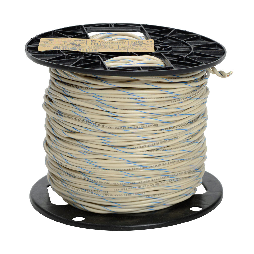 Atlas Wire MTW hook-up wire, single conductor, 18 AWG, 16-stranded, bare copper, PVC conductor insulation material, white with blue stripe, 600V, 1000ft spool.-MTW18WB10