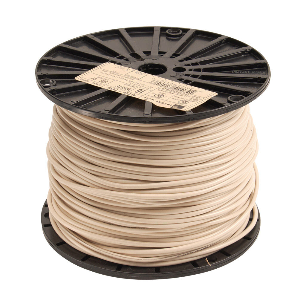 Atlas Wire MTW hook-up wire, single conductor, 18 AWG, 16-stranded, bare copper, PVC conductor insulation material, white, 600V, 500ft spool.-MTW18WH