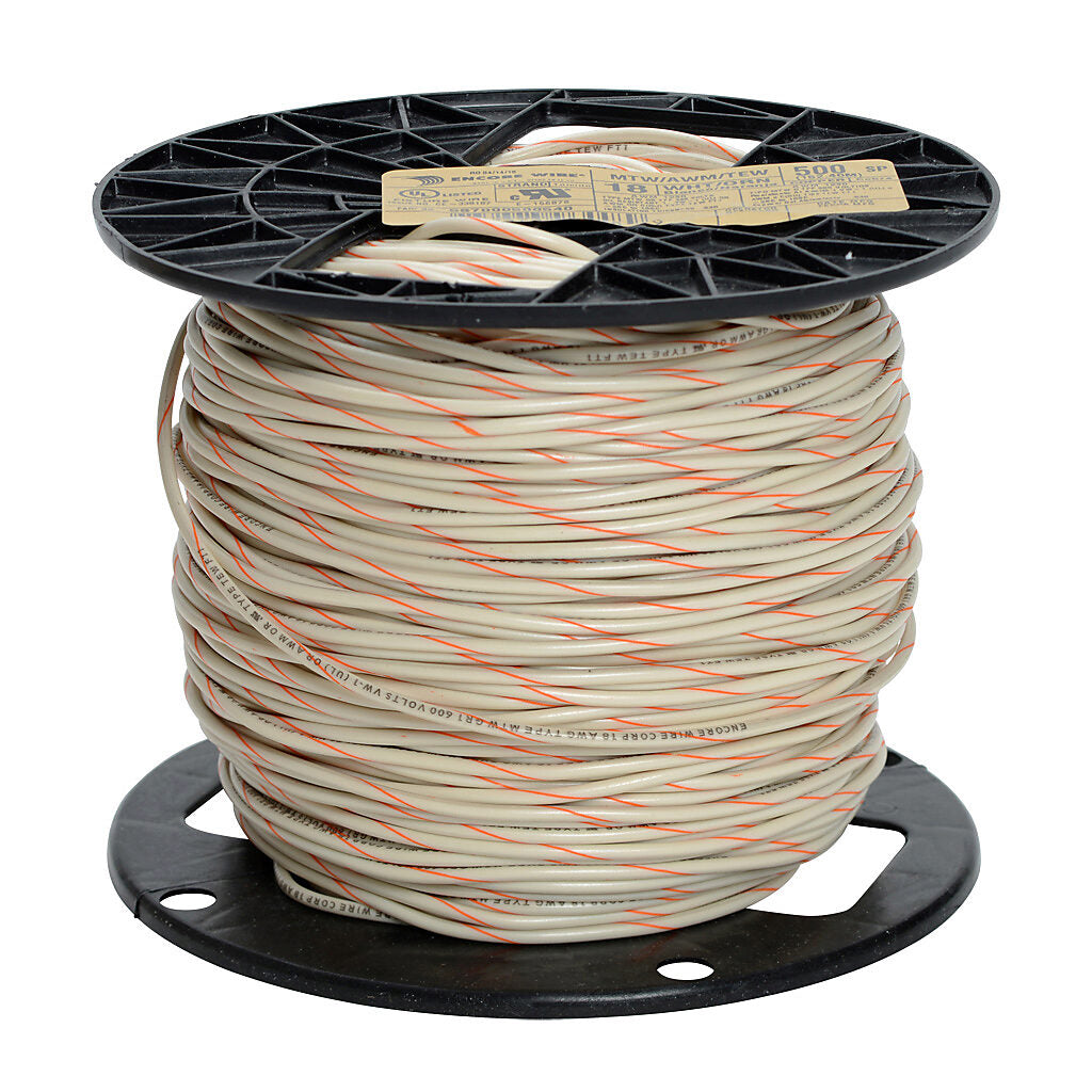 Atlas Wire MTW hook-up wire, single conductor, 18 AWG, 16-stranded, bare copper, PVC conductor insulation material, white with orange stripe, 600V, 500ft spool.-MTW18WO