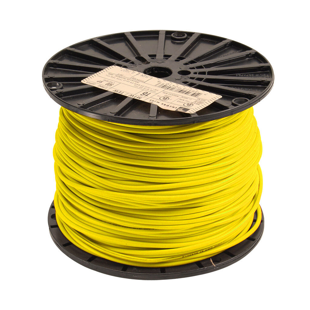 Atlas Wire MTW hook-up wire, single conductor, 18 AWG, 16-stranded, bare copper, PVC conductor insulation material, yellow, 600V, 500ft spool.-MTW18YL