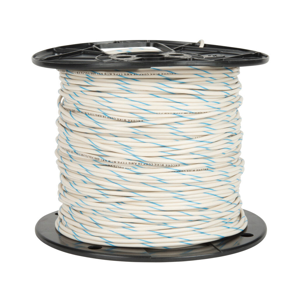 Atlas Wire MTW hook-up wire, single conductor, 20 AWG, 10-stranded, bare copper, PVC conductor insulation material, white with blue stripe, 600V, 500ft spool.-MTW20WB
