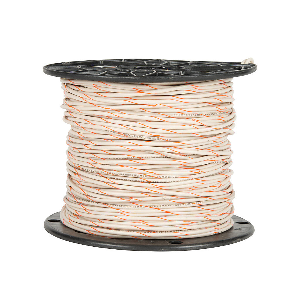 Atlas Wire MTW hook-up wire, single conductor, 20 AWG, 10-stranded, bare copper, PVC conductor insulation material, white with orange stripe, 600V, 500ft spool.-MTW20WO