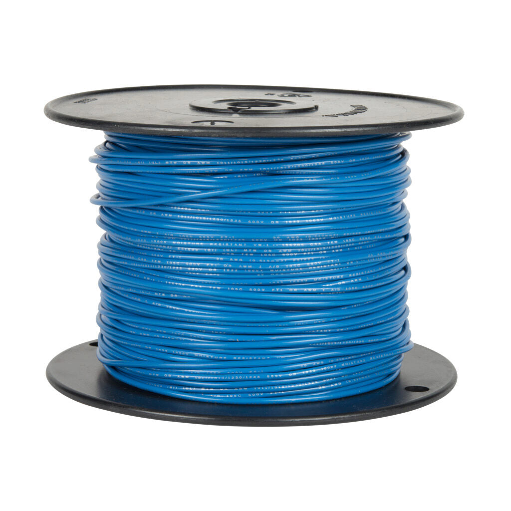 Atlas Wire MTW hook-up wire, single conductor, 22 AWG, 7-stranded, bare copper, PVC conductor insulation material, blue, 600V, 1000ft spool.-MTW22BL10
