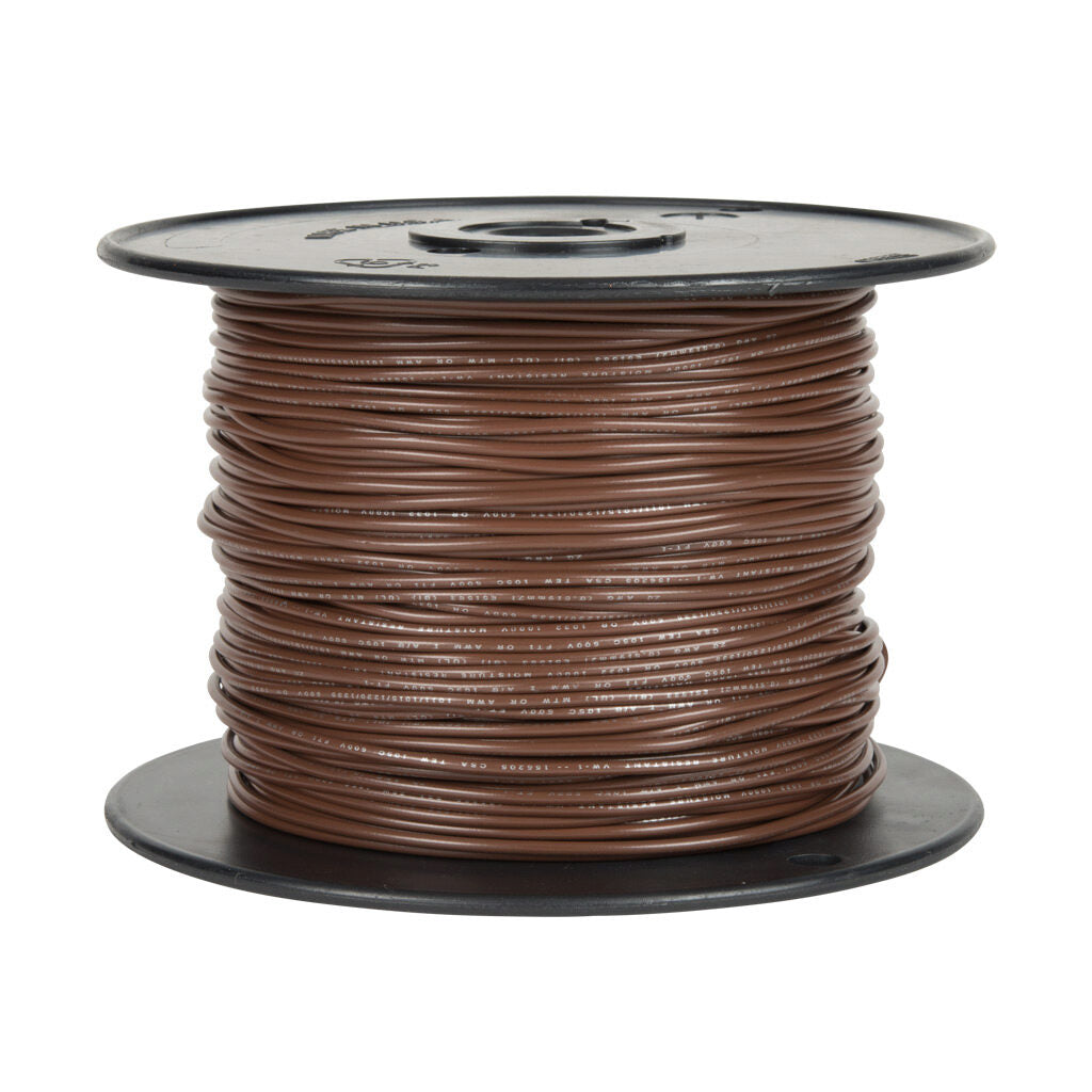 Atlas Wire MTW hook-up wire, single conductor, 22 AWG, 7-stranded, bare copper, PVC conductor insulation material, brown, 600V, 500ft spool.-MTW22BN