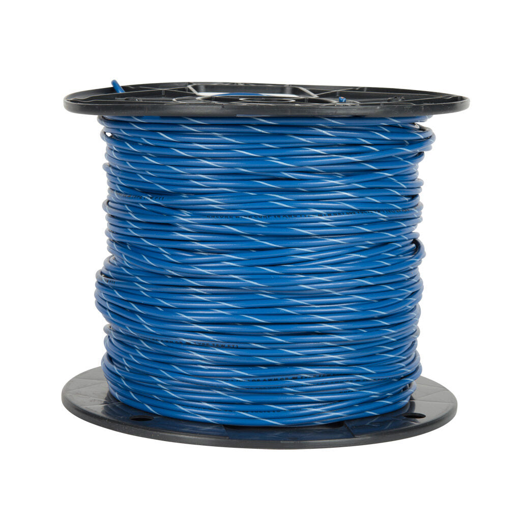 Atlas Wire MTW hook-up wire, single conductor, 22 AWG, 7-stranded, bare copper, PVC conductor insulation material, blue with white stripe, 600V, 1000ft spool.-MTW22BW10