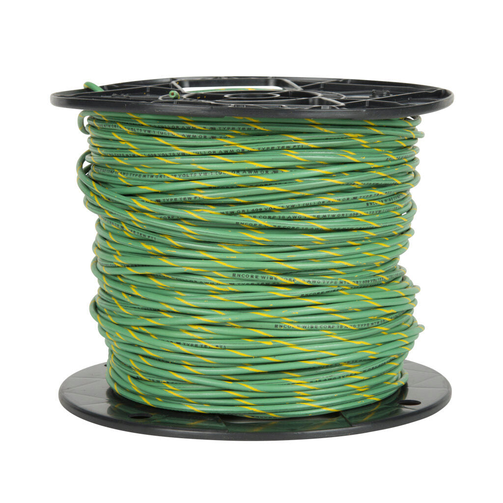 Atlas Wire MTW hook-up wire, single conductor, 22 AWG, 7-stranded, bare copper, PVC conductor insulation material, green with yellow stripe, 600V, 1000ft spool.-MTW22GYL10