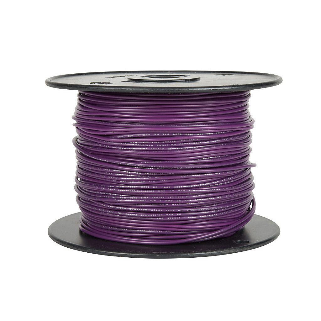 Atlas Wire MTW hook-up wire, single conductor, 22 AWG, 7-stranded, bare copper, PVC conductor insulation material, purple, 600V, 500ft spool.-MTW22PL