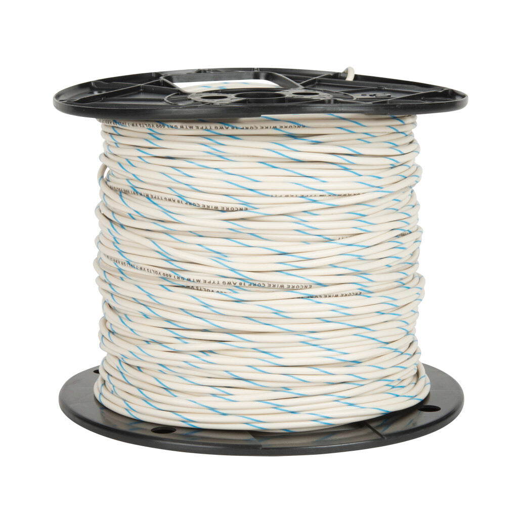 Atlas Wire MTW hook-up wire, single conductor, 22 AWG, 7-stranded, bare copper, PVC conductor insulation material, white with blue stripe, 600V, 500ft spool.-MTW22WB