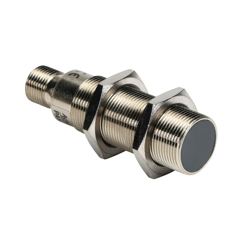 AchieVe inductive proximity sensor, tubular, 18mm diameter x 63.5mm body, nickel-plated brass housing, NPN, N.O. output, 5mm sensing distance, flush, 2 kHz switching frequency, IP67, 4-pin M12 quick-disconnect.-PAK-AN-1H