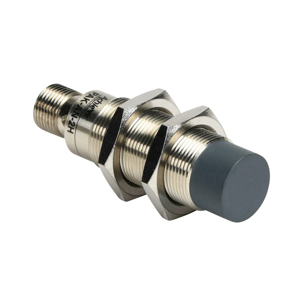 AchieVe inductive proximity sensor, tubular, 18mm diameter x 63.5mm body, nickel-plated brass housing, NPN, N.O. output, 8mm sensing distance, non-flush, 2 kHz switching frequency, IP67, 4-pin M12 quick-disconnect.-PAK-AN-2H