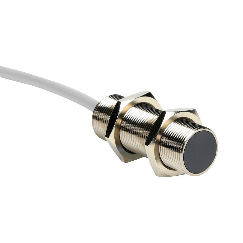 AchieVe inductive proximity sensor, tubular, 18mm diameter x 50mm body, nickel-plated brass housing, PNP, N.O. output, 5mm sensing distance, flush, 2 kHz switching frequency, IP67, pigtail.-PAK-AP-1A