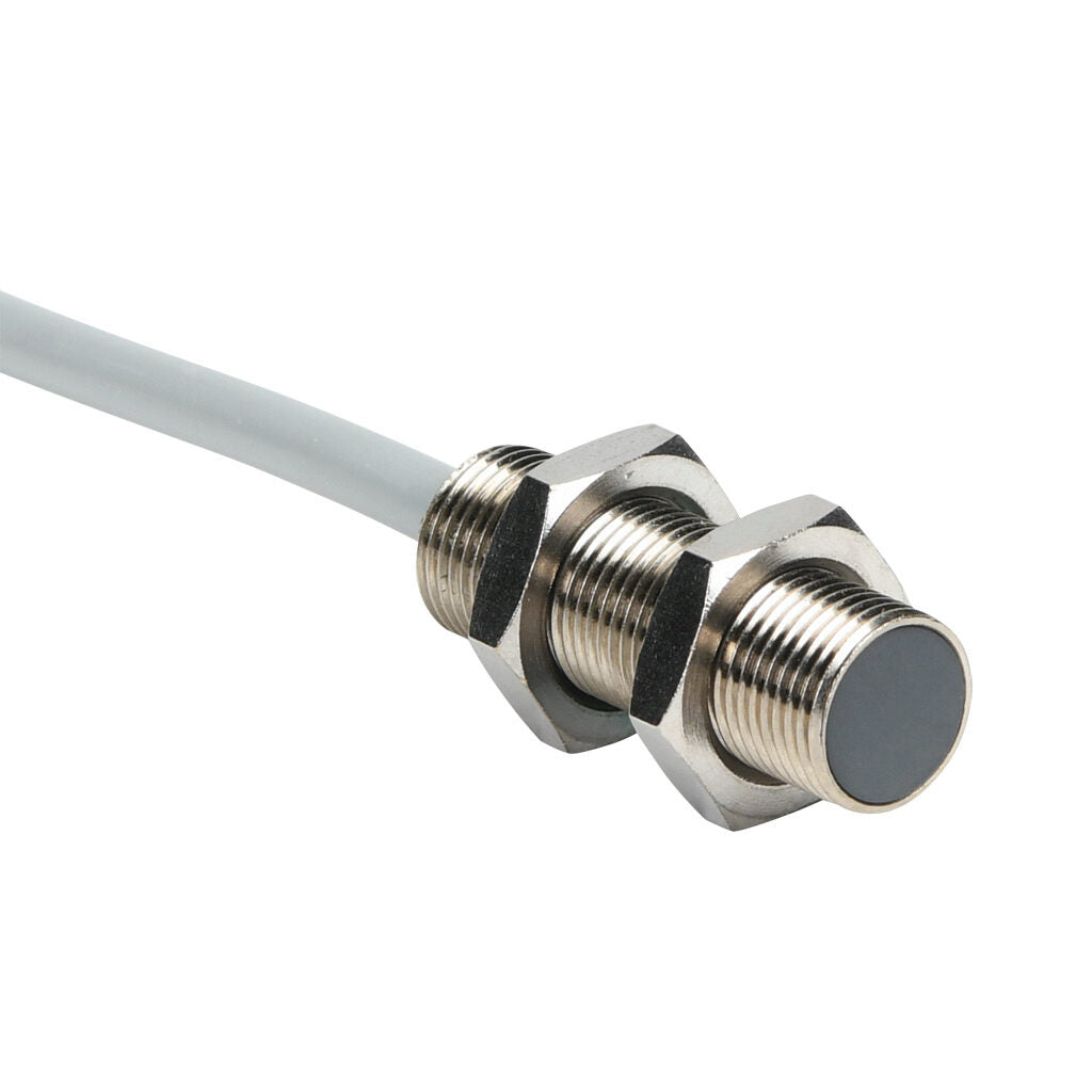 AchieVe inductive proximity sensor, tubular, 12mm diameter x 35mm body, nickel-plated brass housing, PNP, N.O. output, 2mm sensing distance, flush, 3 kHz switching frequency, IP67, pigtail.-PAM-AP-1A