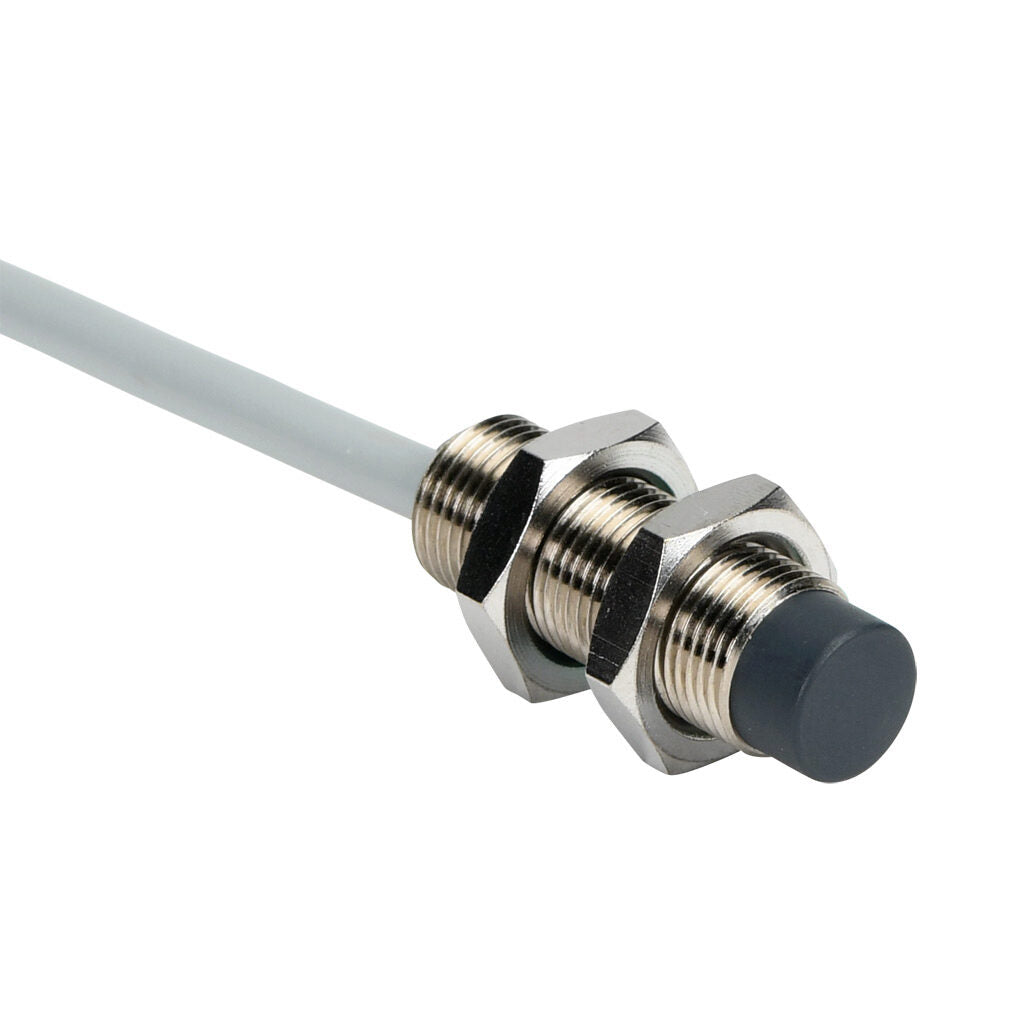 AchieVe inductive proximity sensor, tubular, 12mm diameter x 35mm body, nickel-plated brass housing, PNP, N.O. output, 4mm sensing distance, non-flush, 2 kHz switching frequency, IP67, pigtail.-PAM-AP-2A