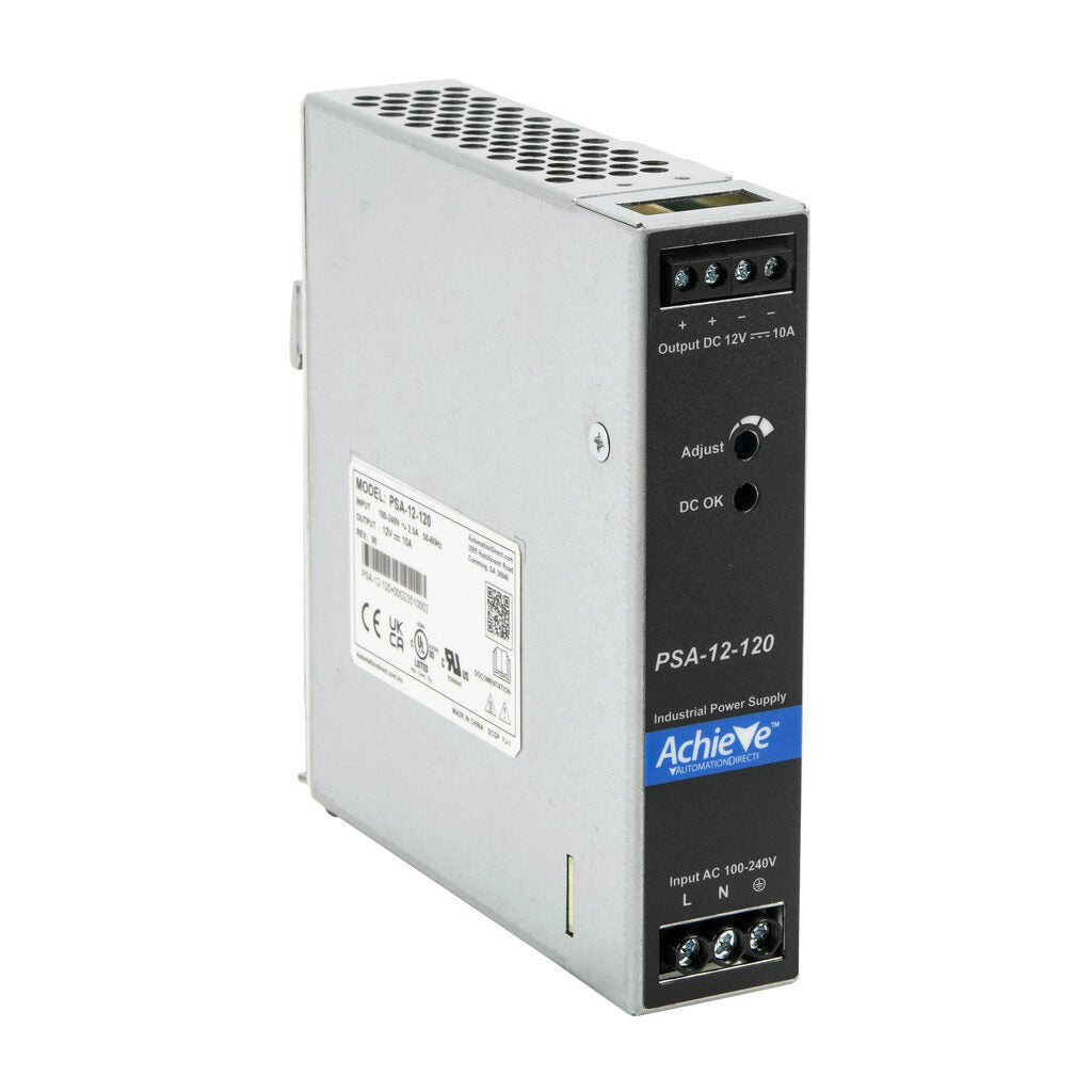 AchieVe PSA series switching power supply, 12 VDC @ 10A/120W, 120/240 VAC nominal input, 1-phase, enclosed, aluminum housing, 35mm DIN rail mount, screw terminals.-PSA-12-120