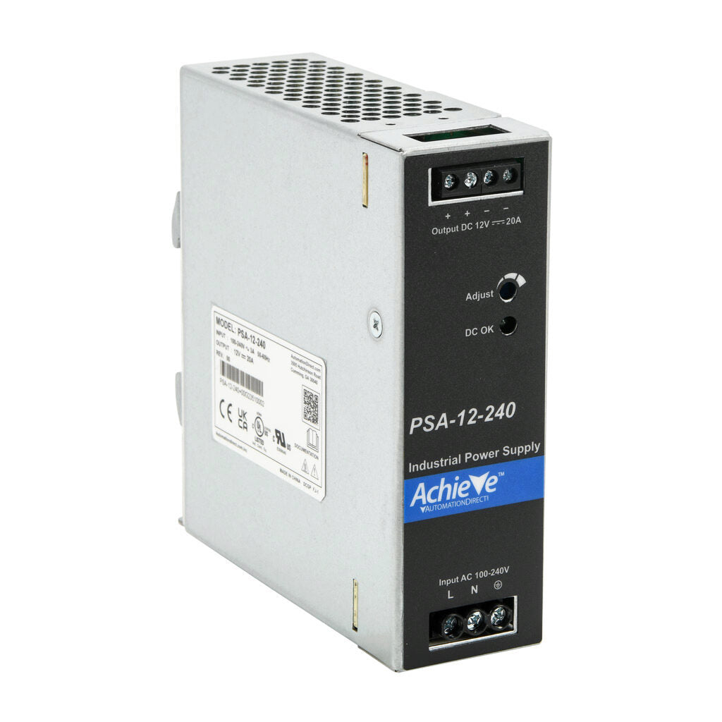 AchieVe PSA series switching power supply, 12 VDC @ 20A/240W, 120/240 VAC nominal input, 1-phase, enclosed, aluminum housing, 35mm DIN rail mount, screw terminals.-PSA-12-240