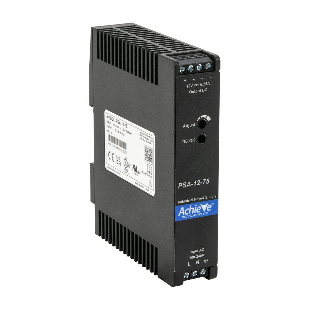 AchieVe PSA series switching power supply, 12 VDC @ 6.2A/75W, 120/240 VAC nominal input, 1-phase, enclosed, plastic housing, 35mm DIN rail mount, screw terminals.-PSA-12-75