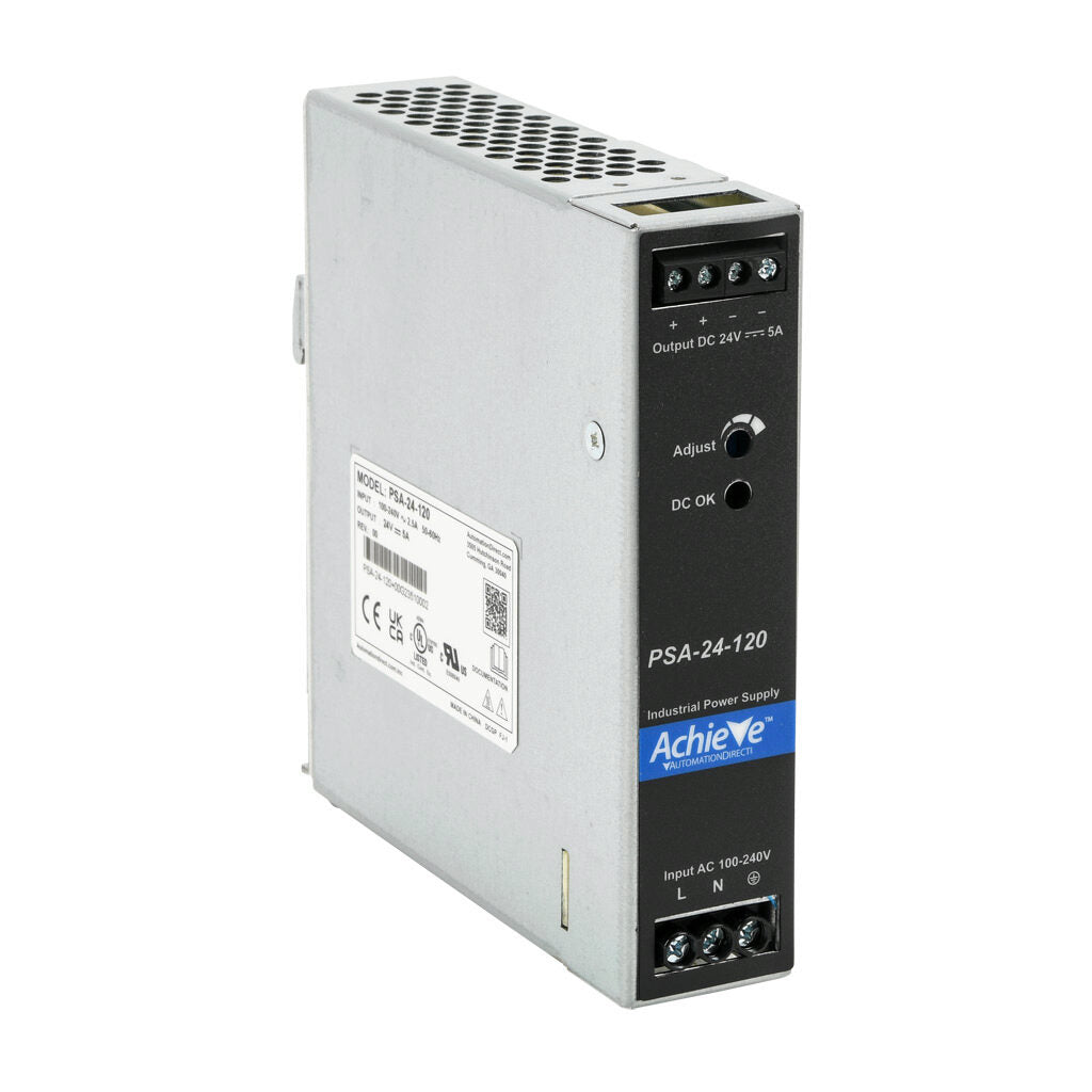 AchieVe PSA series switching power supply, 24 VDC @ 5A/120W, 120/240 VAC nominal input, 1-phase, enclosed, aluminum housing, 35mm DIN rail mount, screw terminals.-PSA-24-120