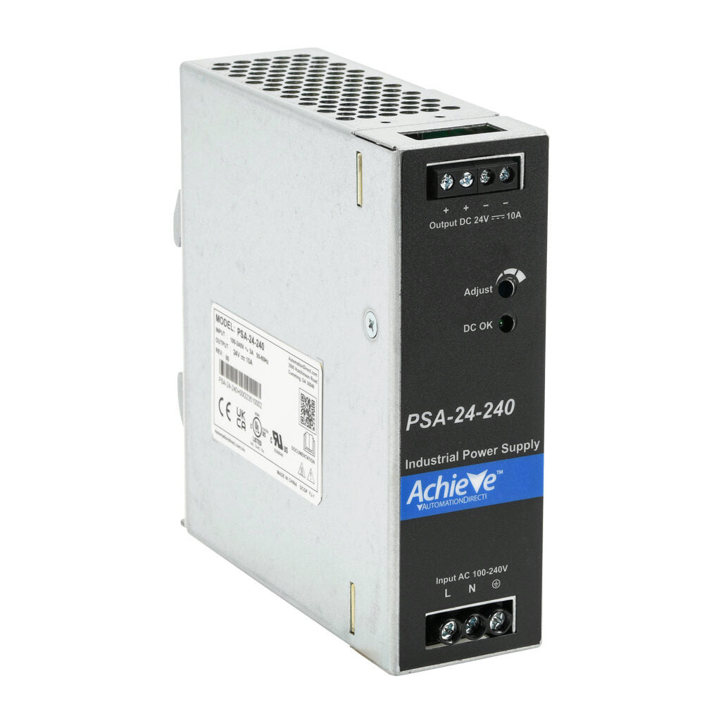 AchieVe PSA series switching power supply, 24 VDC @ 10A/240W, 120/240 VAC nominal input, 1-phase, enclosed, aluminum housing, 35mm DIN rail mount, screw terminals.-PSA-24-240